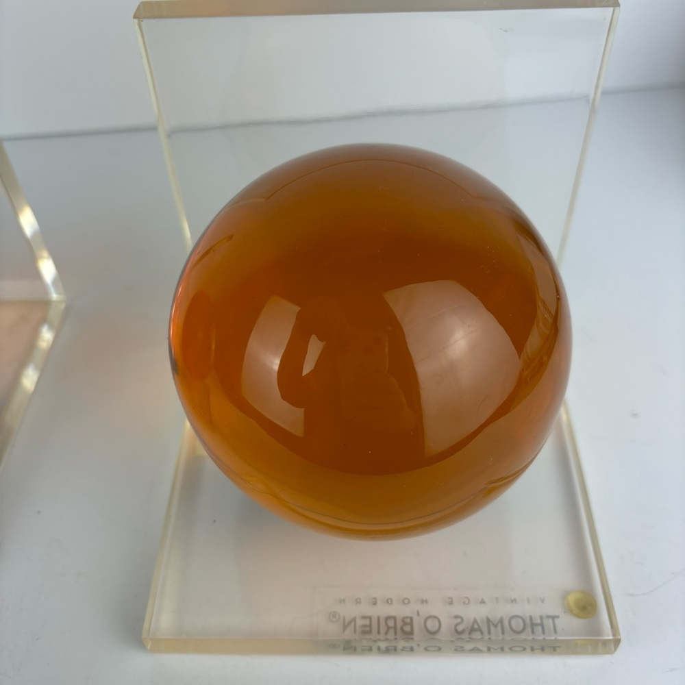 Vintage Modern Thomas O’Brian-Amber Lucite Sphere Bookends - Pair - Picture 4 of 15